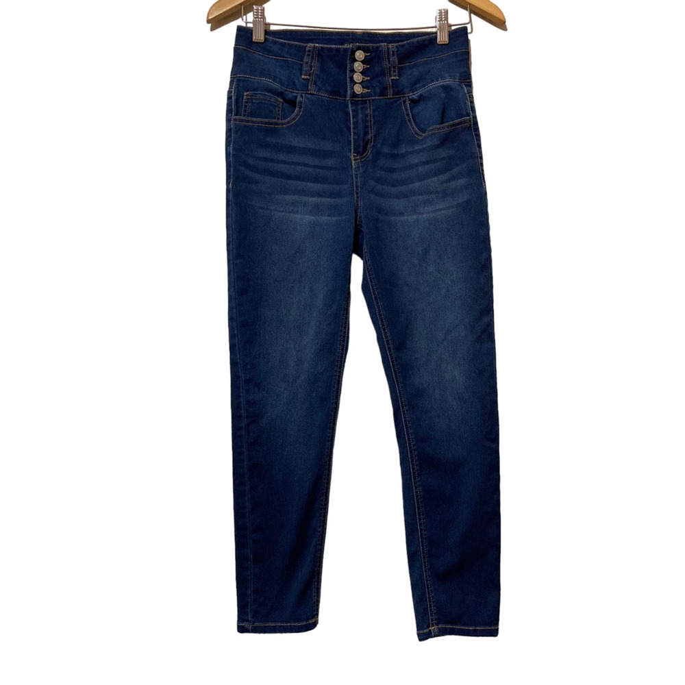Fashion Nova Womens 9 Tapered Jeans Blue Stretch Whiskered Dark Wash High Rise‎